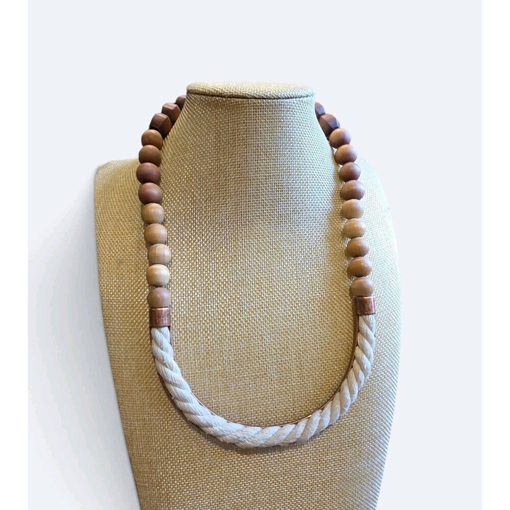 Boho Wood Bead & Twisted Rope Statement Necklace Metallic Accents